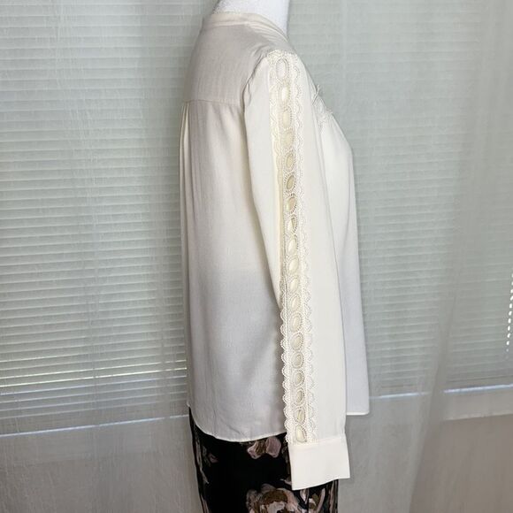 Boden 4P Ivory Yoke Collar Button Front Lace Eyelet Inset Long Sleeve Blouse - Picture 10 of 16
